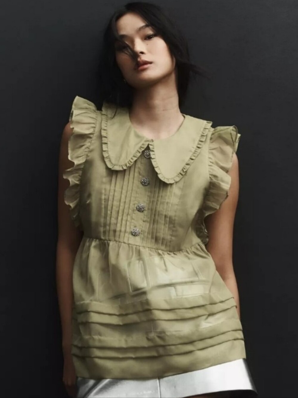 Anthropologie Maeve Peter Pan Collar Sheer Pintuck Babydoll Shirt
